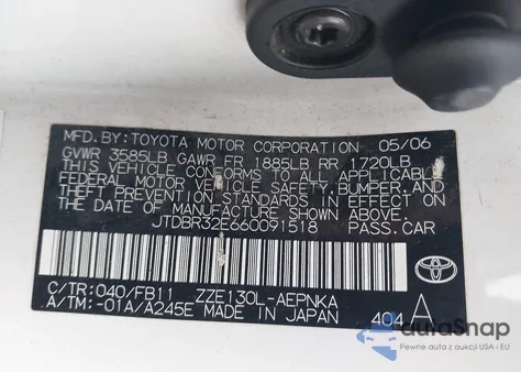 2006 Toyota Corolla Le z USA, uszkodzony, nr VIN JTDBR32E660091518